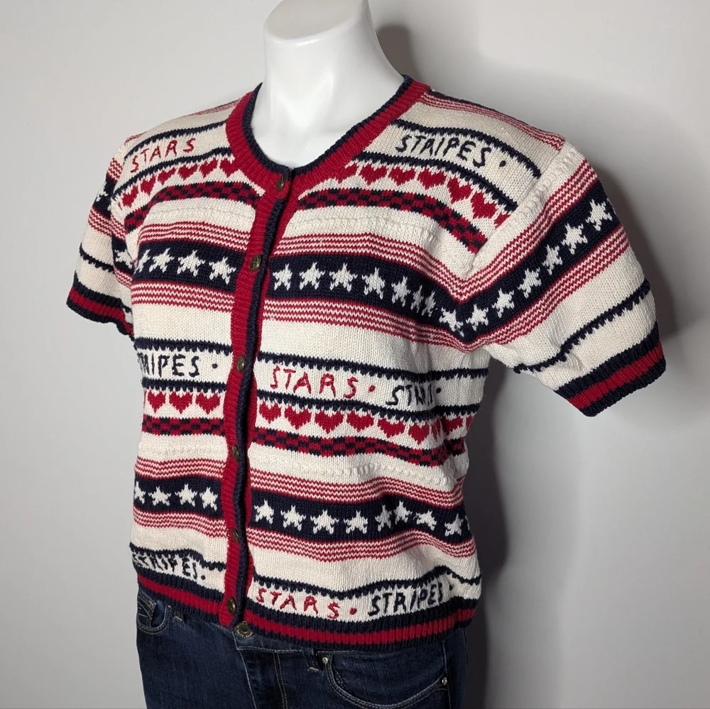 Vintage Street Level Red White Blue Patriotic Stars & Stripes Cardigan Sweater S - Picture 2 of 7